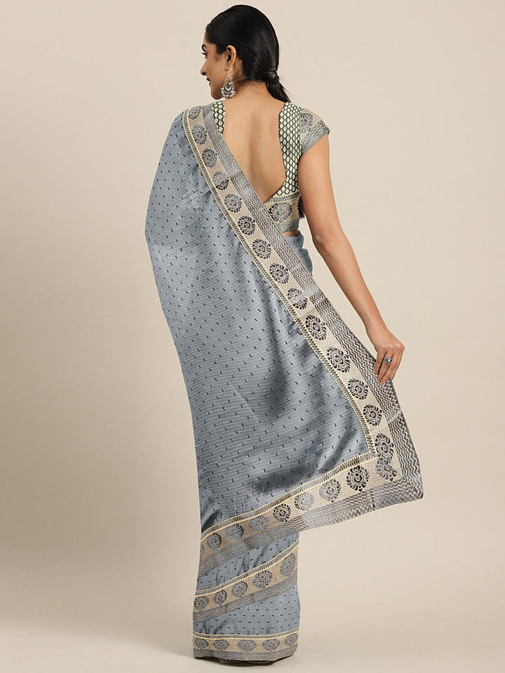 Neerus Grey georgette printed saree with blouse - back view