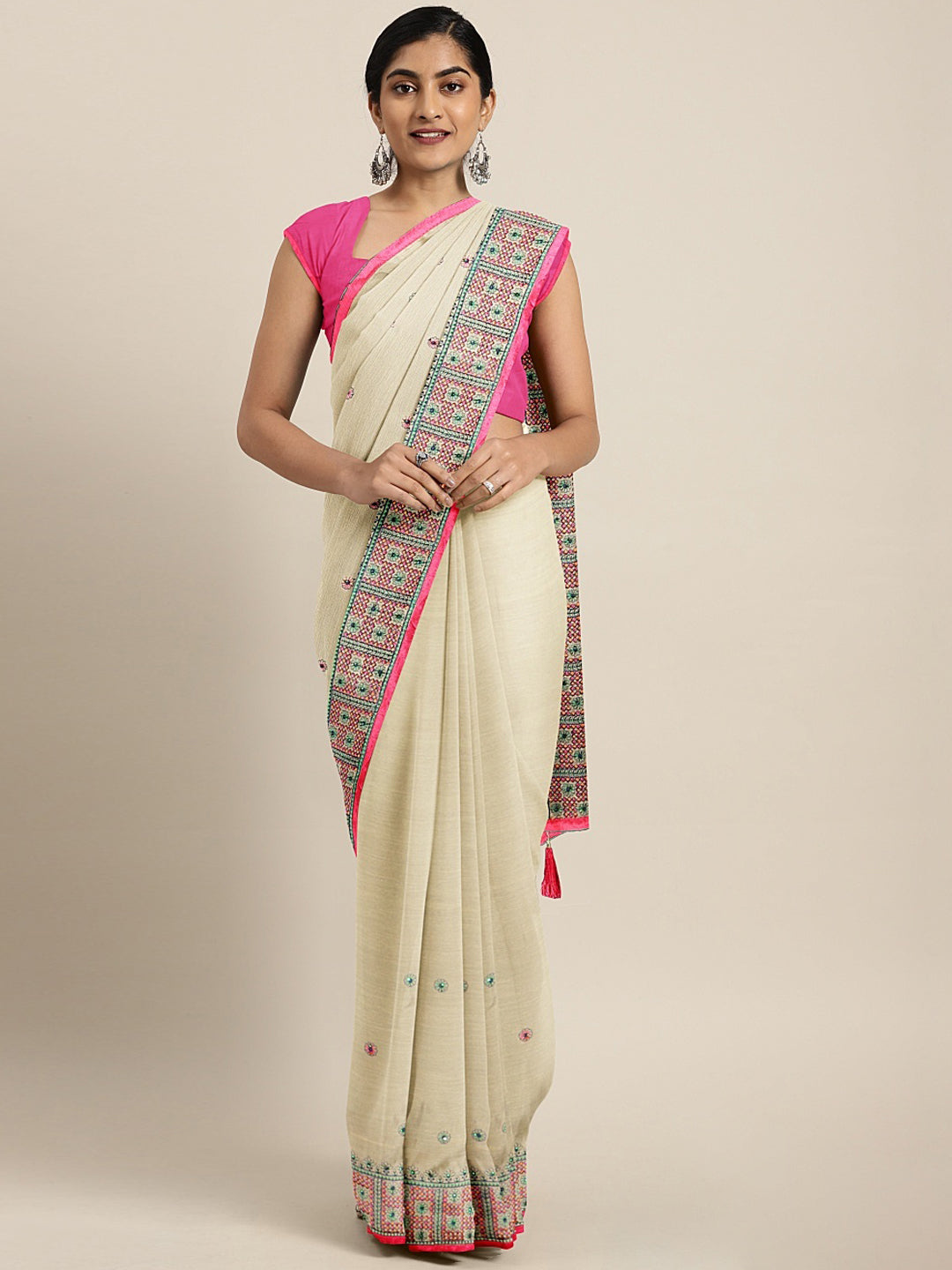 Neerus Beige chiffon printed saree - front view