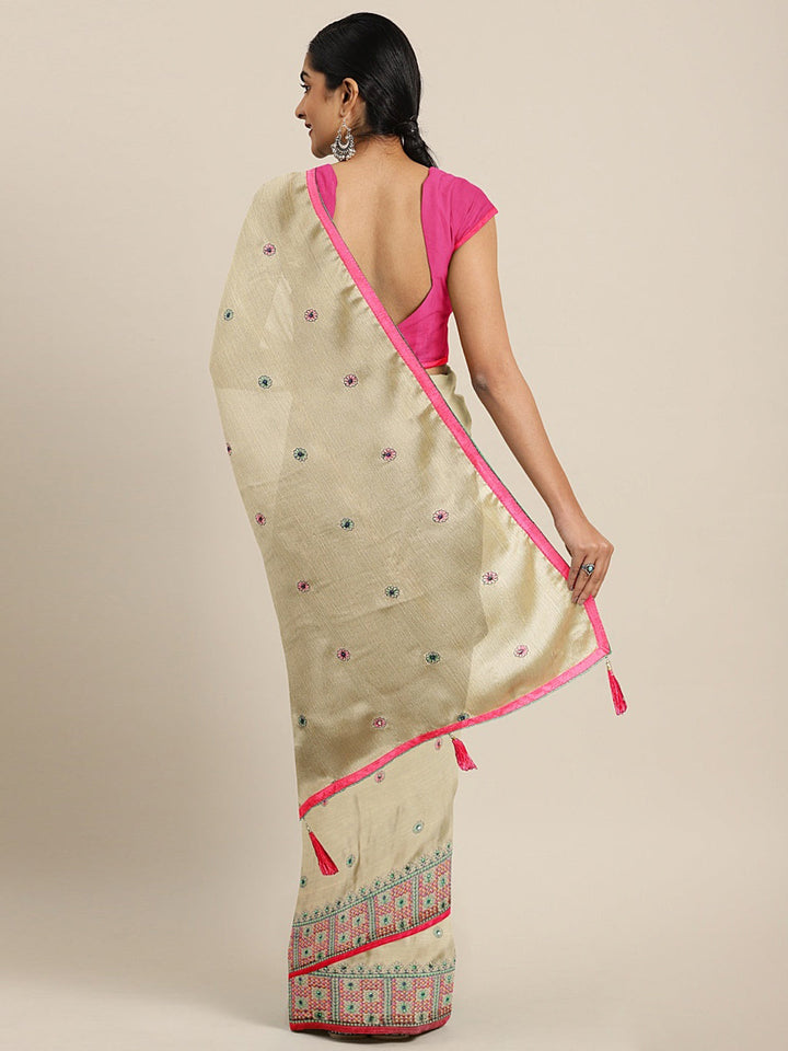 Neerus Beige chiffon solid saree - back view