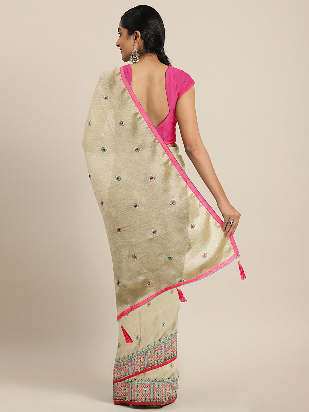 Neerus Beige chiffon printed saree - back view