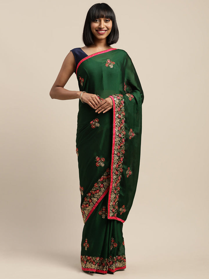 Neerus Green crepe embroidered saree with blouse - detail view 5