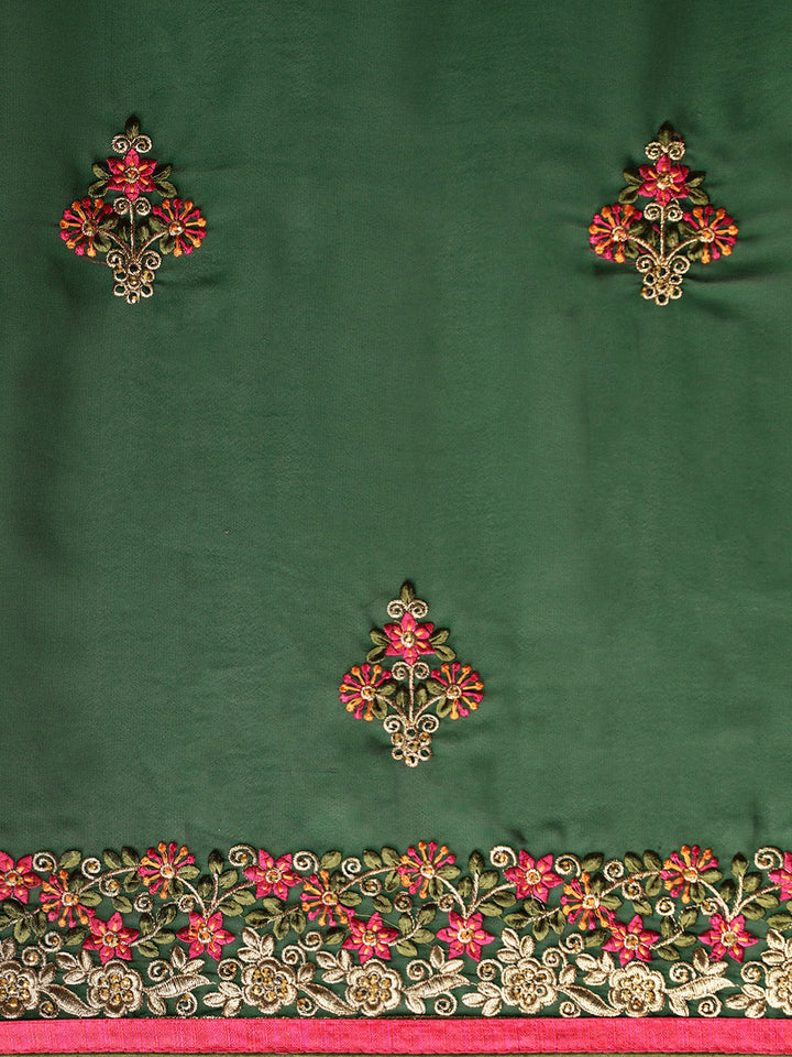 Neerus Green crepe embroidered saree with blouse - detail view 1