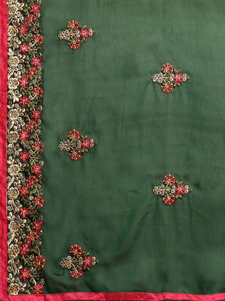 Neerus Green crepe embroidered saree with blouse - detail view 2