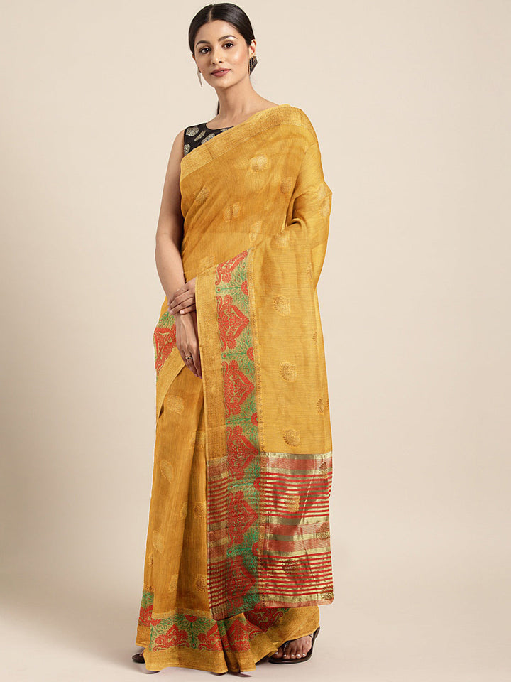 Neerus Yellow Chanderi woven saree - front view