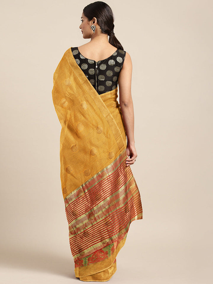 Neerus Yellow Chanderi woven saree - back view