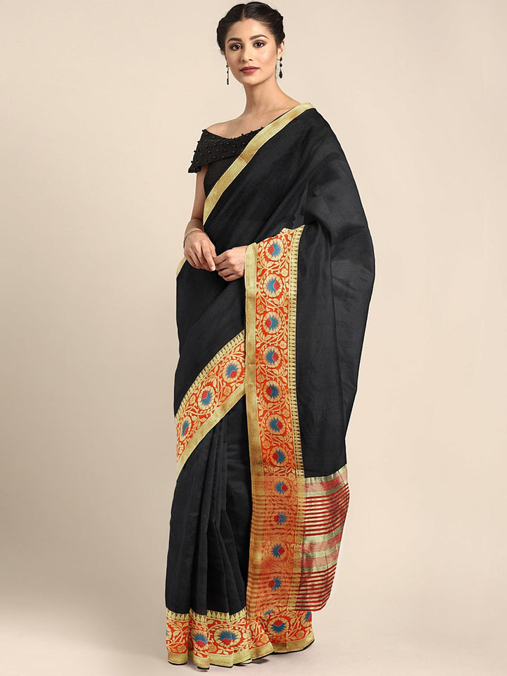 Neerus Black silk woven saree - front view