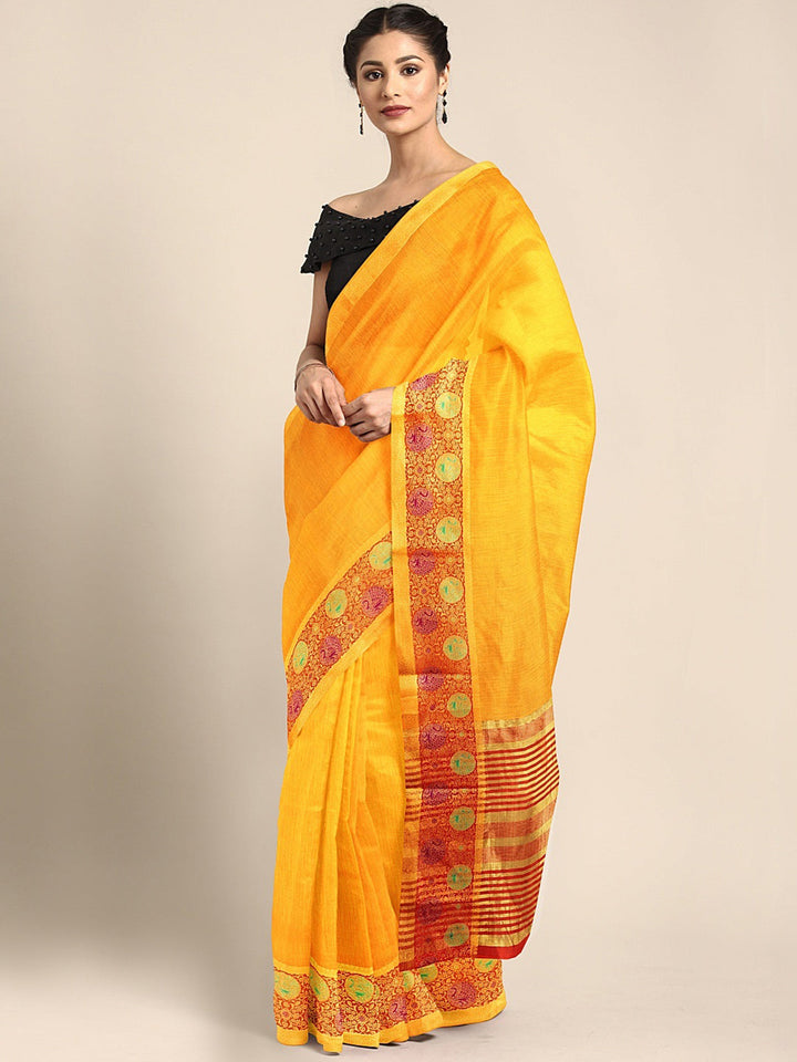 Neerus Yellow silk woven saree - front view
