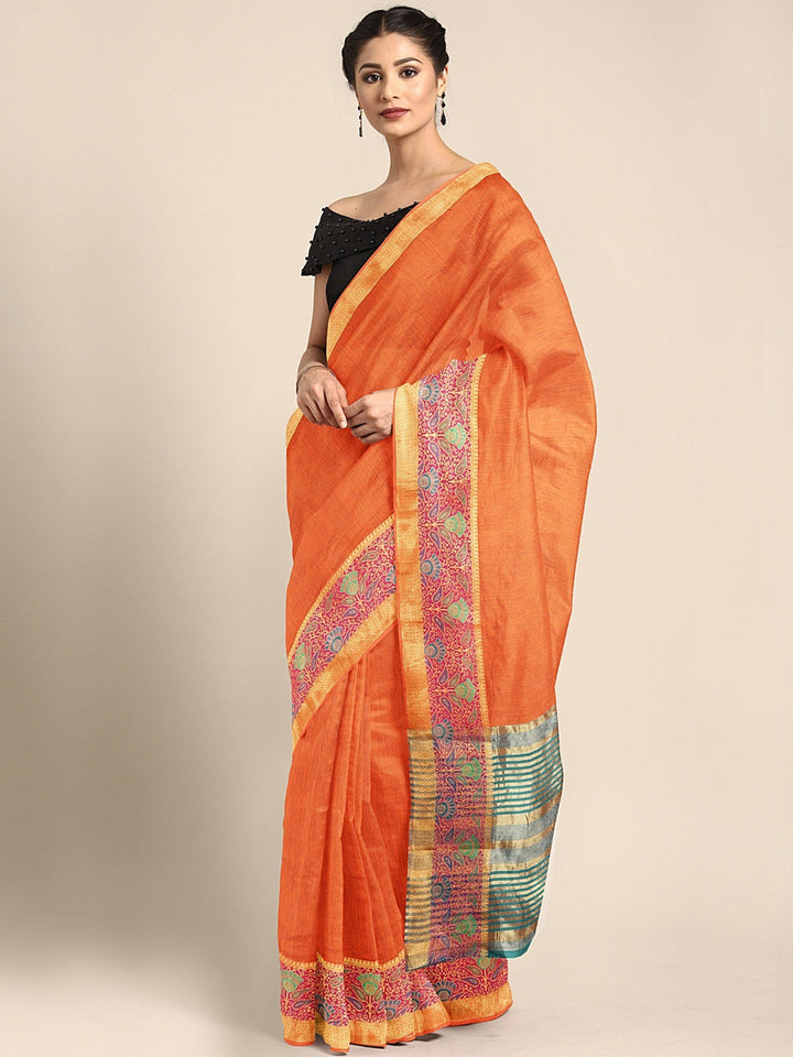 Neerus Orange silk woven saree - front view