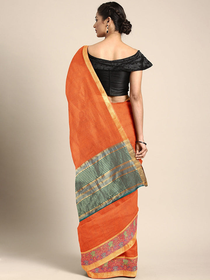 Neerus Orange silk woven saree - back view