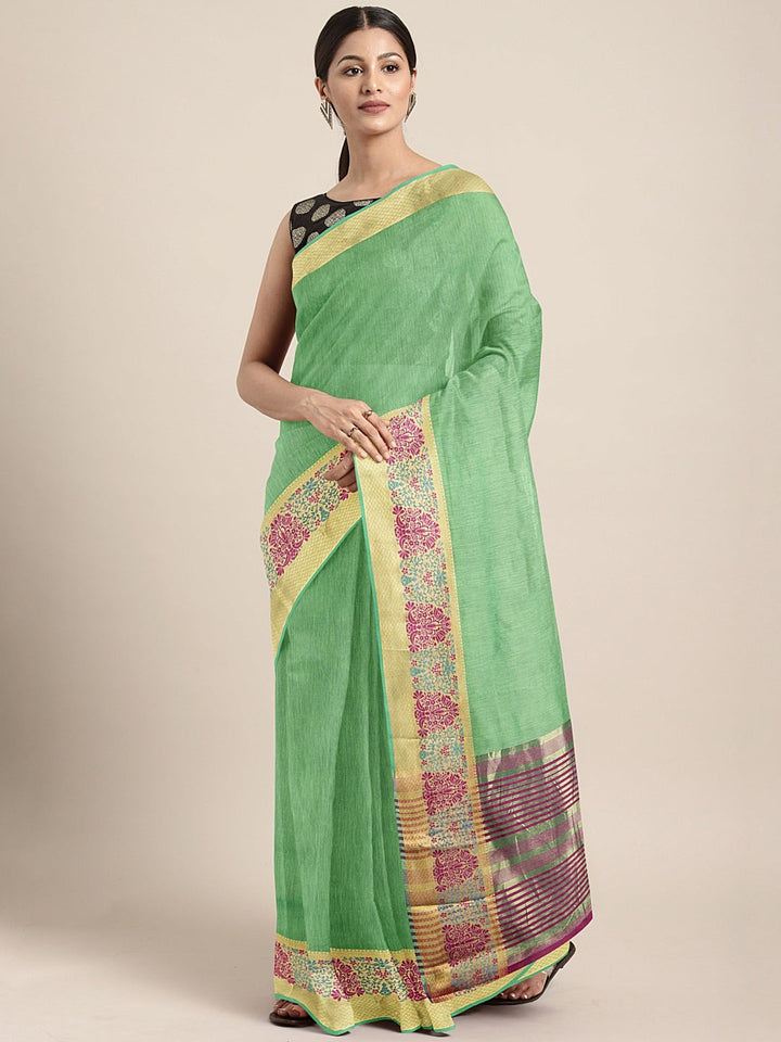 Neerus Green silk woven saree - front view