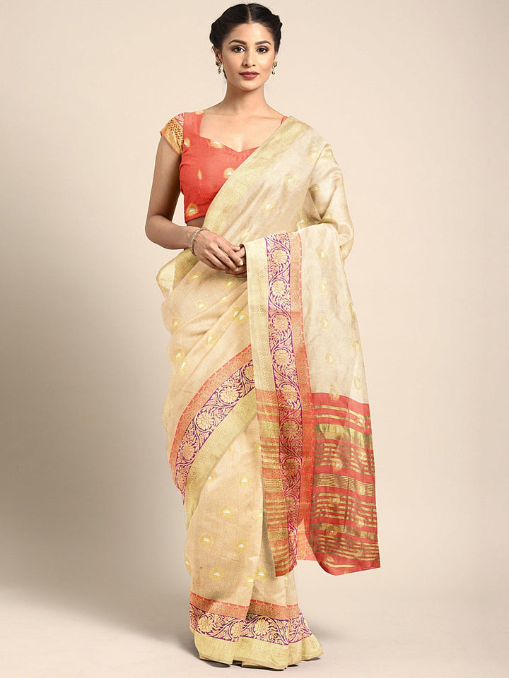 Neerus Beige silk woven saree with blouse - front view
