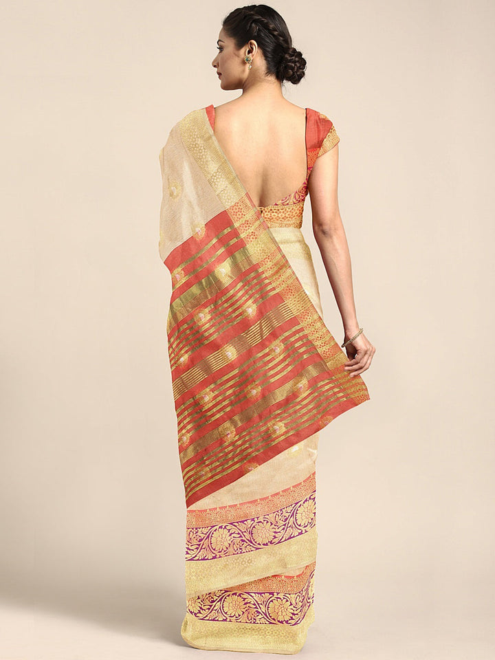 Neerus Beige silk woven saree with blouse - back view