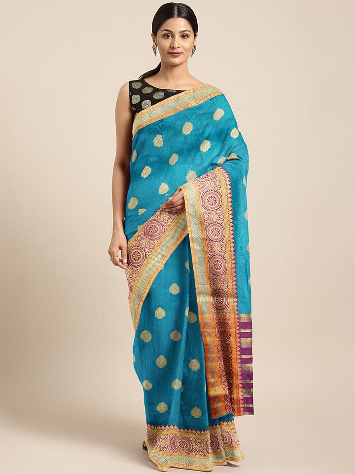 Neerus Blue silk woven saree - front view