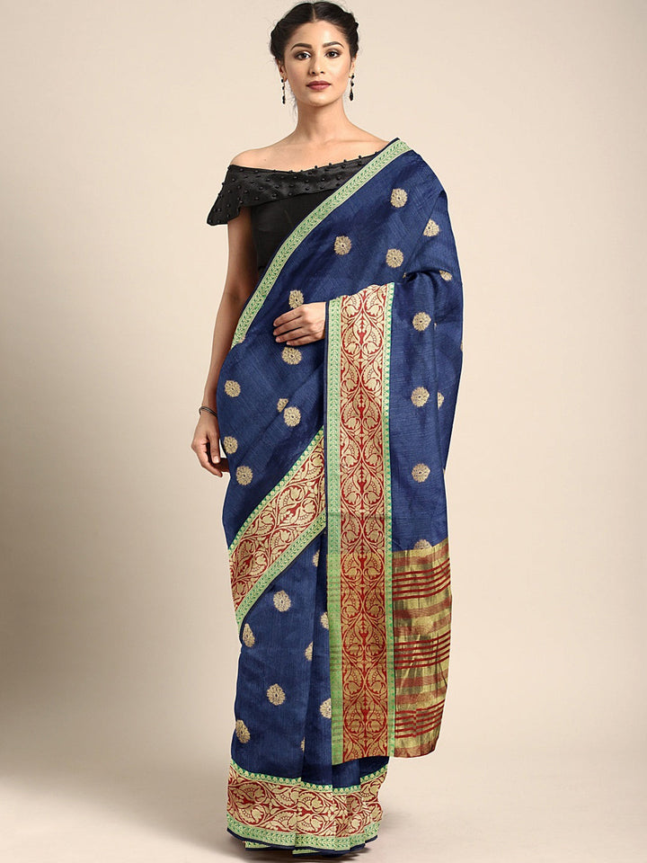 Neerus Blue silk woven saree with blouse piece - front view