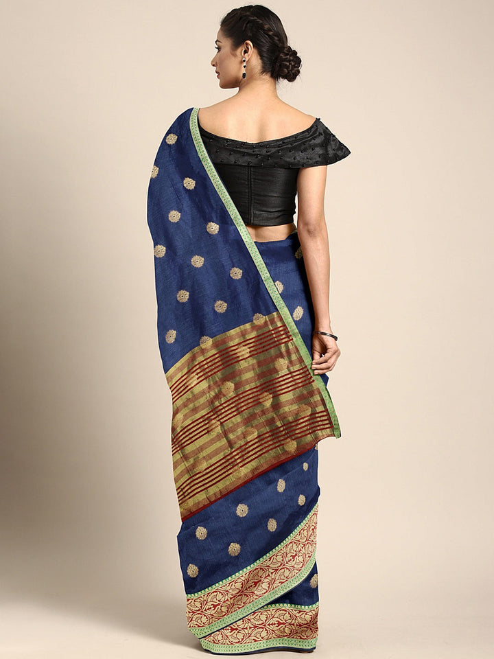 Neerus Blue silk woven saree with blouse piece - back view