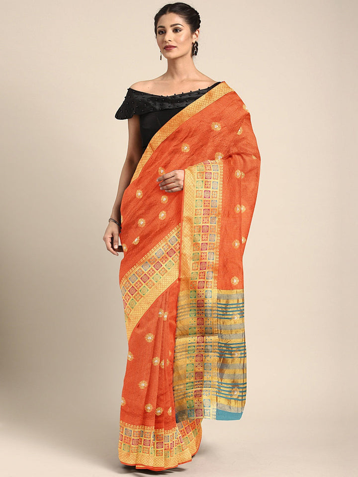 Neerus Orange silk woven saree - front view
