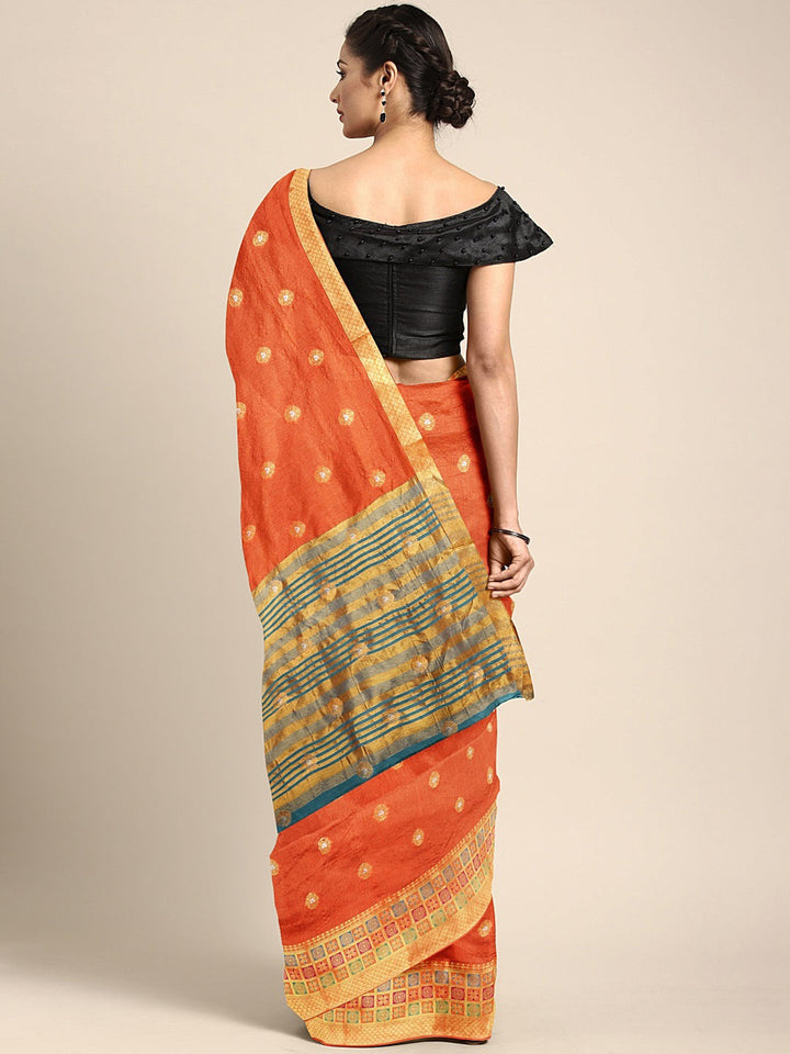 Neerus Orange silk woven saree - back view