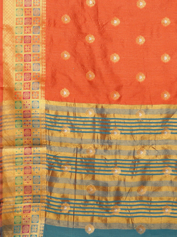 Neerus Orange silk woven saree - detail view 1
