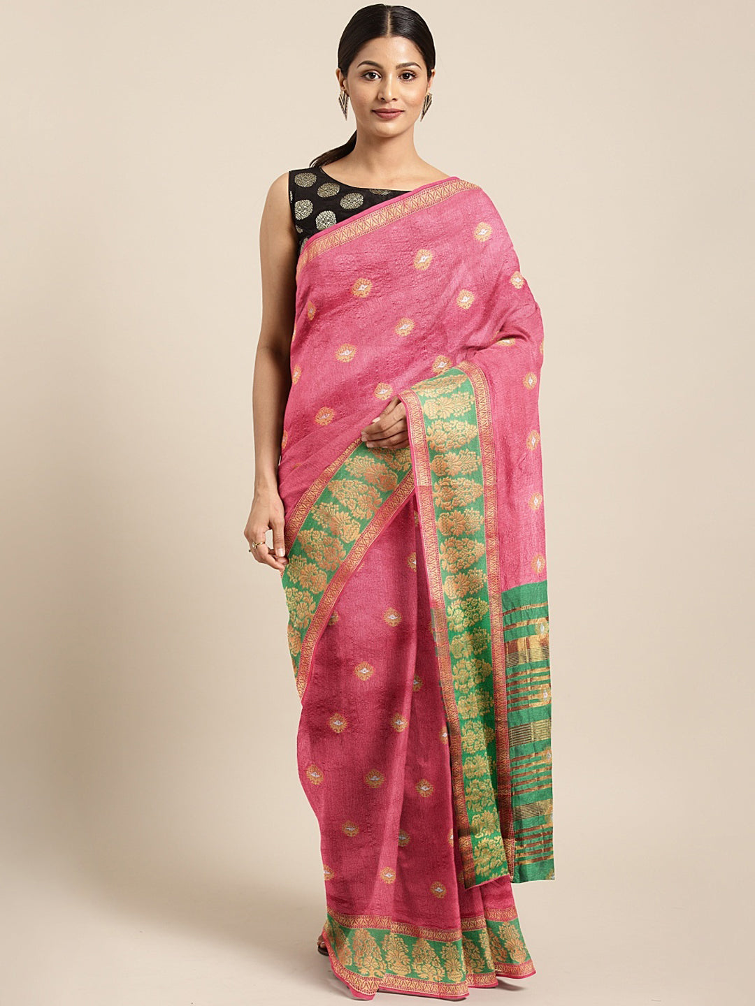 Neerus Green Chanderi woven saree with blouse - front view