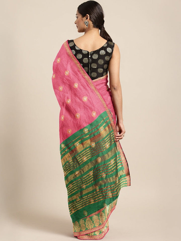 Neerus Green Chanderi woven saree with blouse - back view