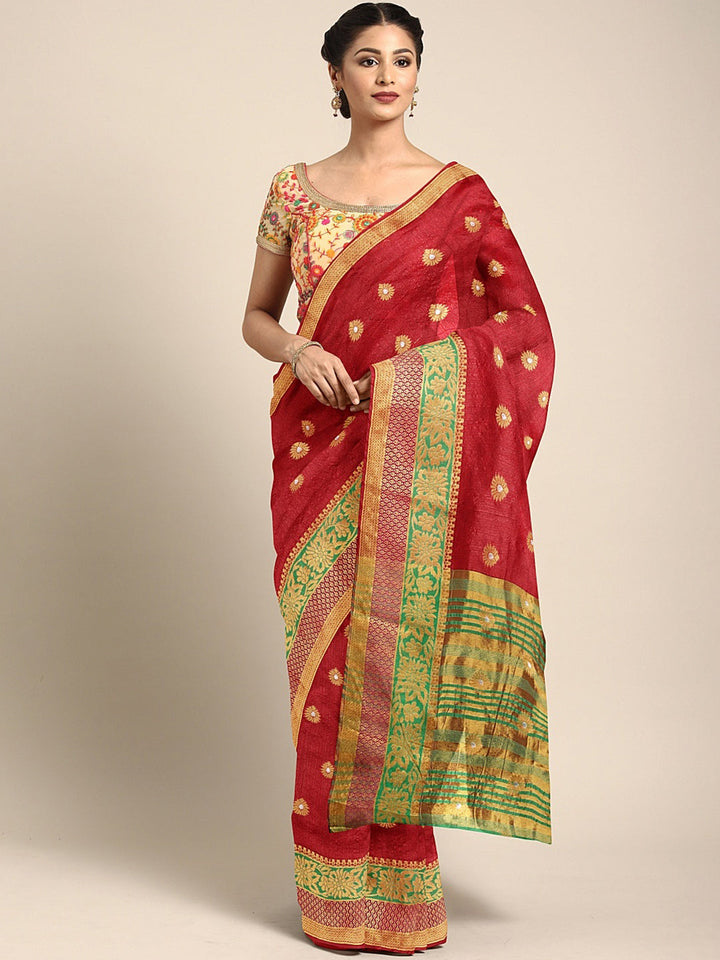 Neerus Red silk woven saree - front view