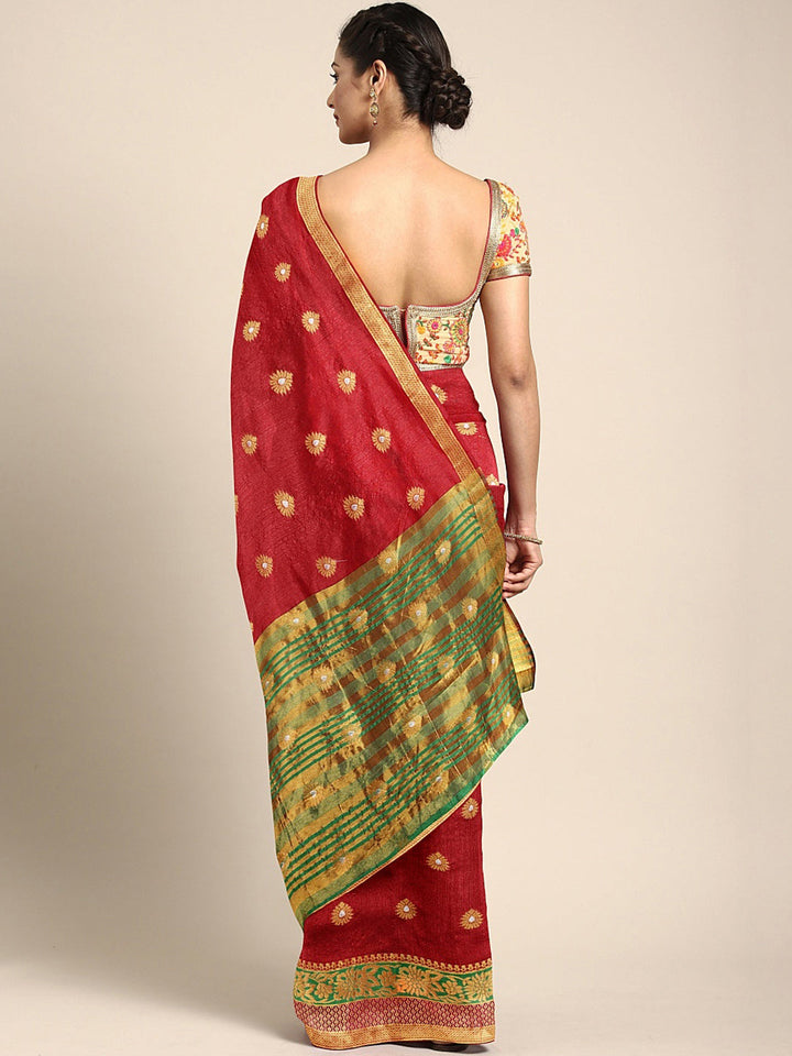 Neerus Red silk woven saree - back view