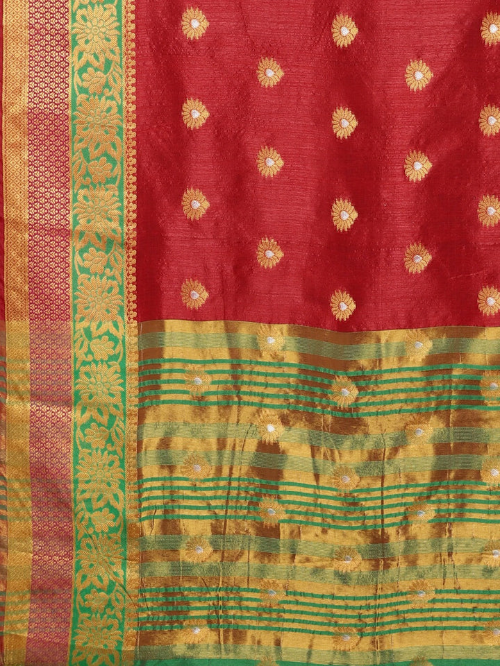 Neerus Red silk woven saree - detail view 1