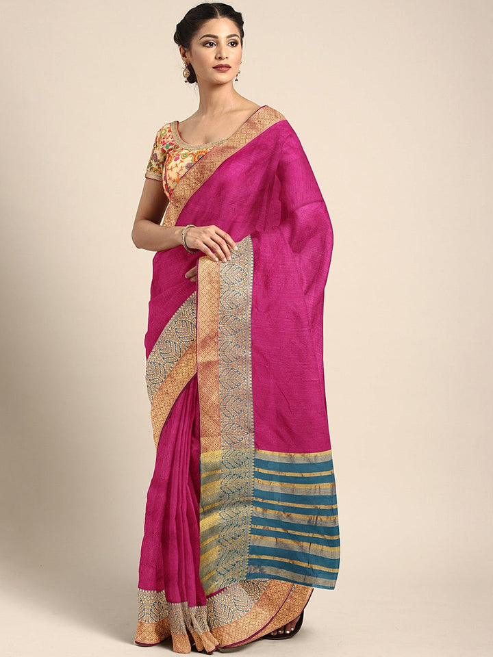 Neerus Pink silk woven saree - front view