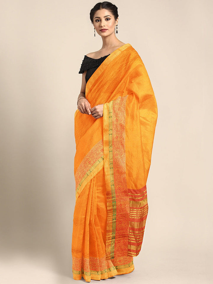 Neerus Yellow silk woven saree - front view