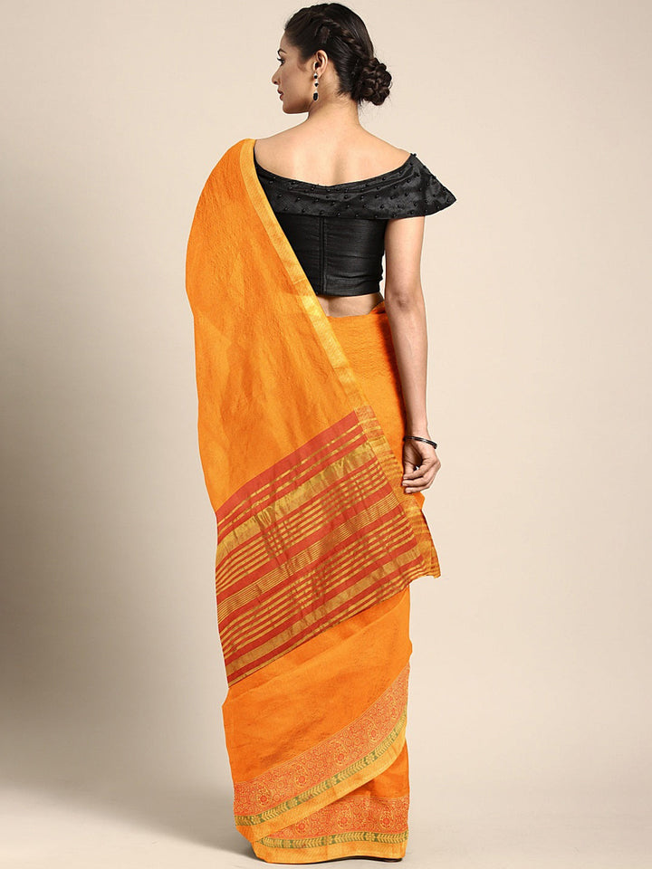 Neerus Yellow silk woven saree - back view