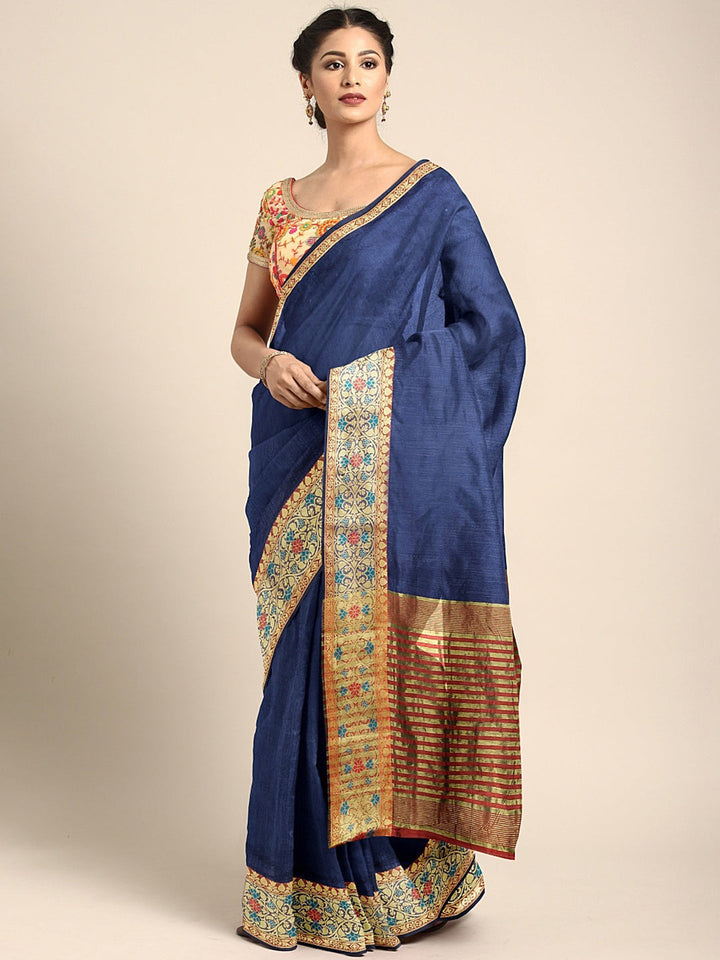 Neerus Blue silk woven saree - front view
