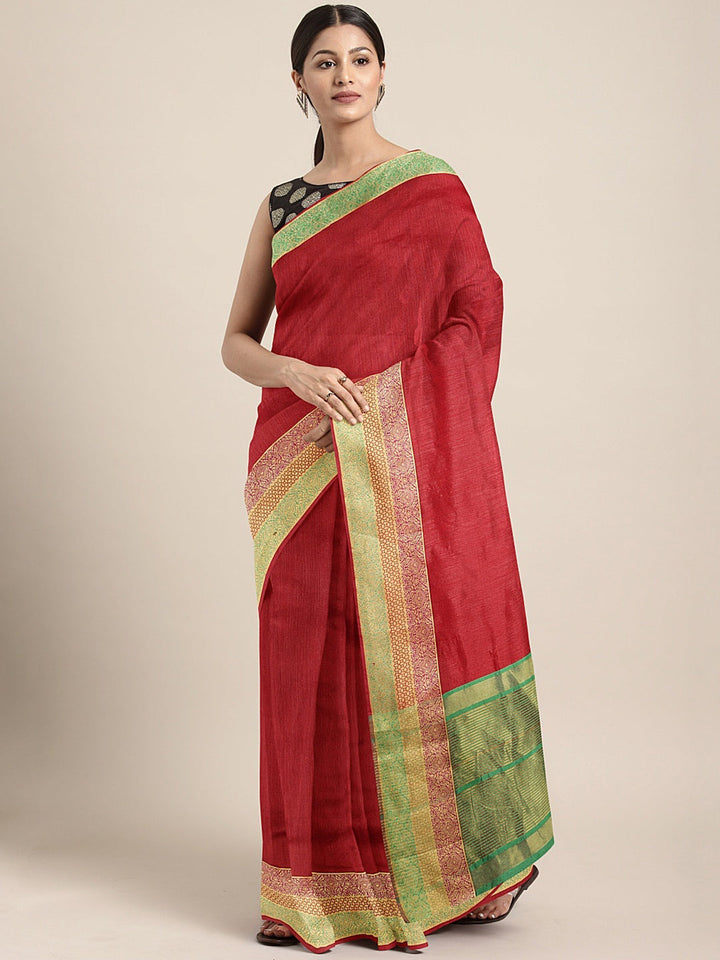 Neerus Red silk woven saree - front view
