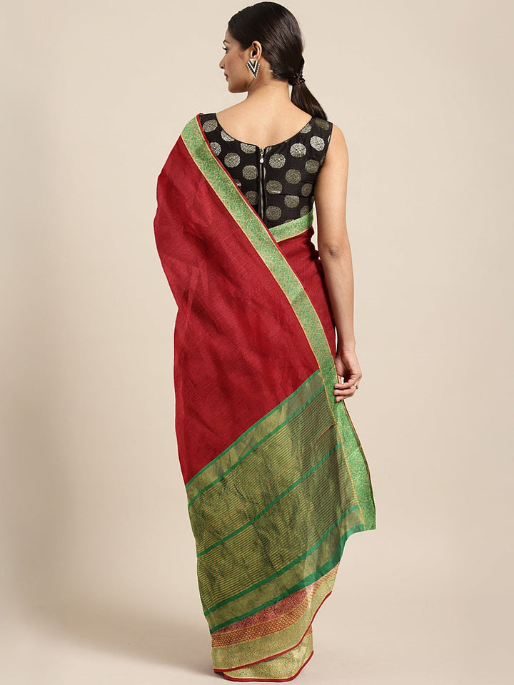 Neerus Red silk woven saree - back view