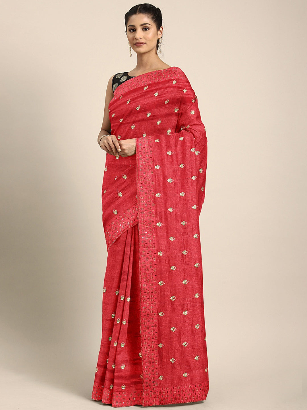 Neerus Red embroidered saree with blouse piece - front view
