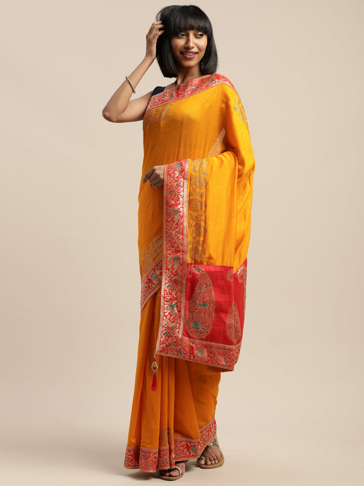 Neerus Yellow silk woven saree - detail view 5