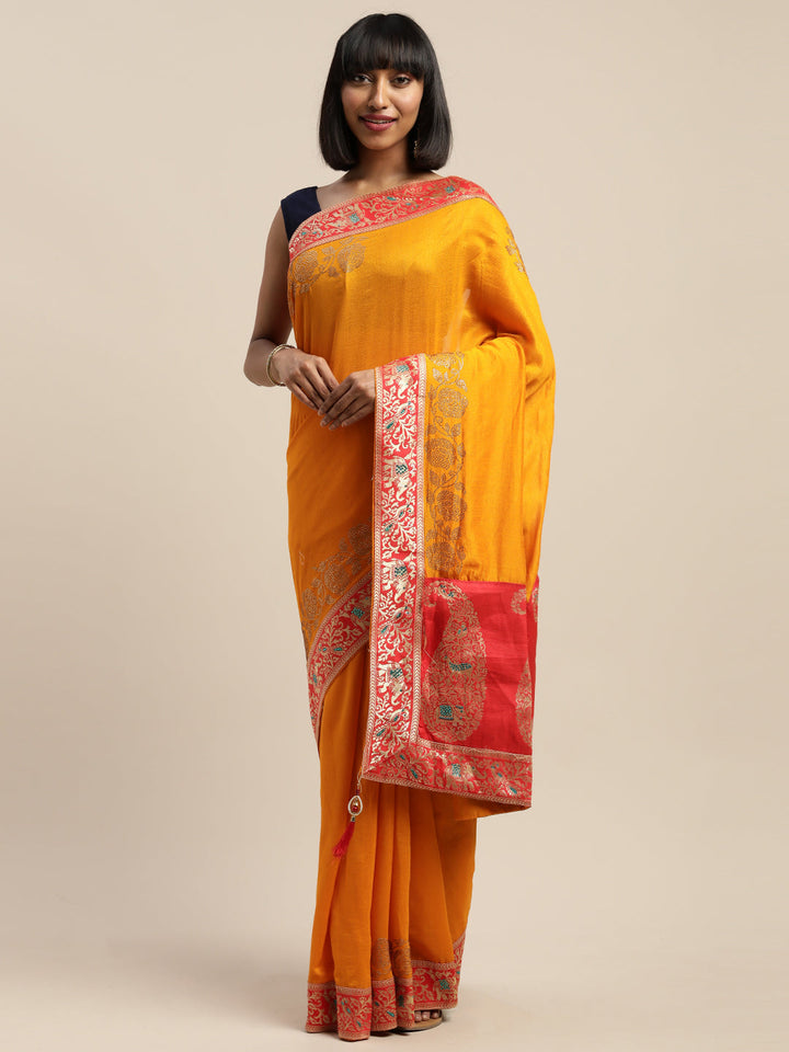 Neerus Yellow silk woven saree - front view