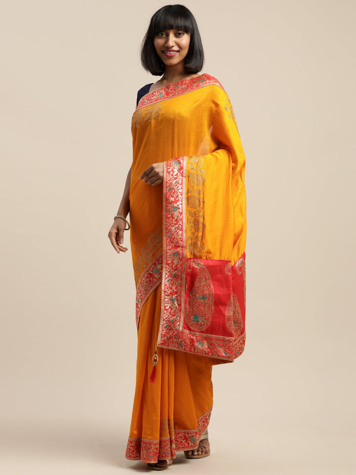 Neerus Yellow silk woven saree - back view