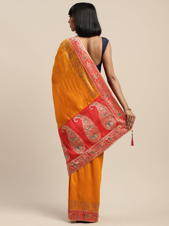 Neerus Yellow silk woven saree - side view