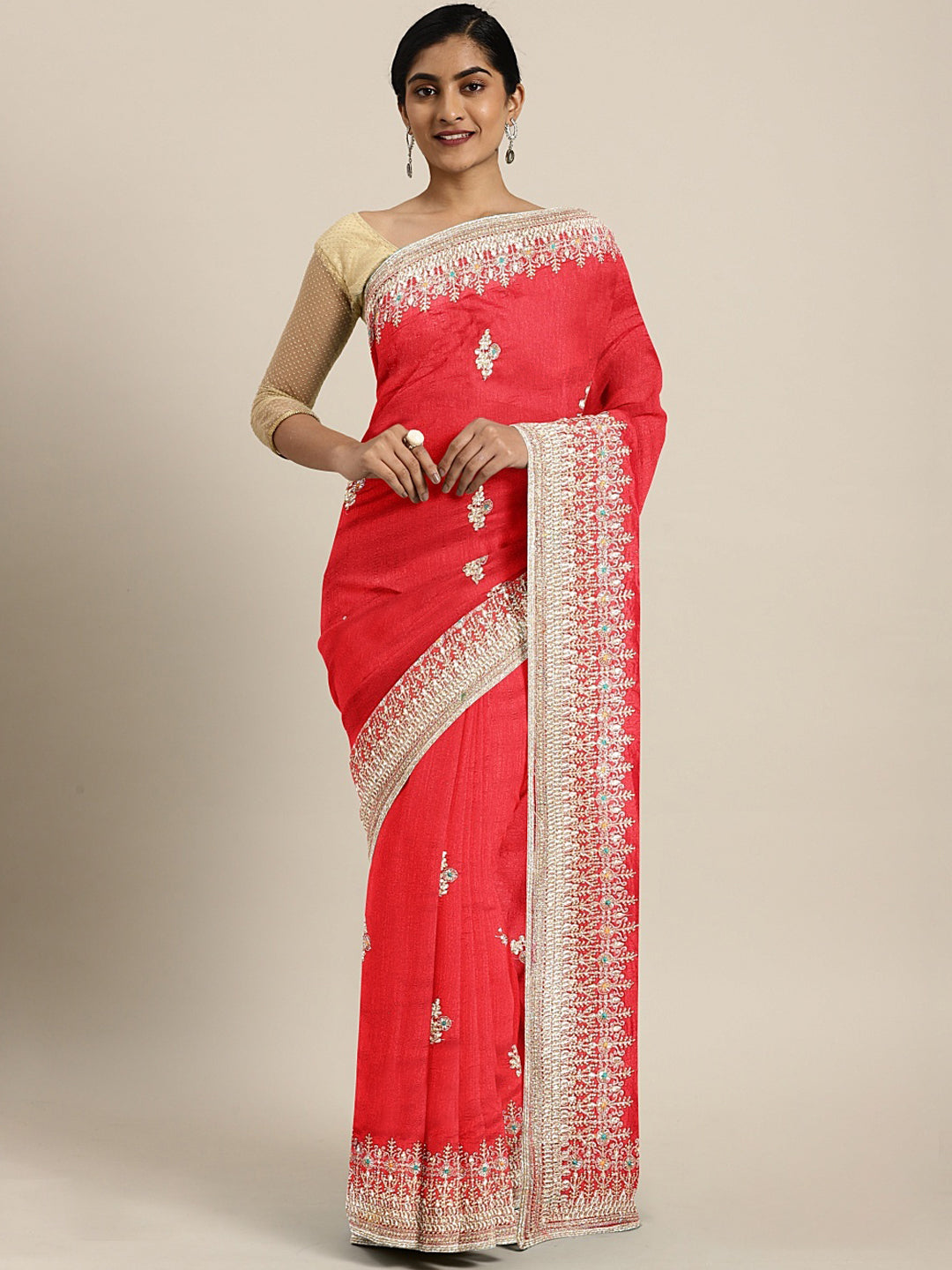 Neerus Red embellished saree with blouse piece - front view