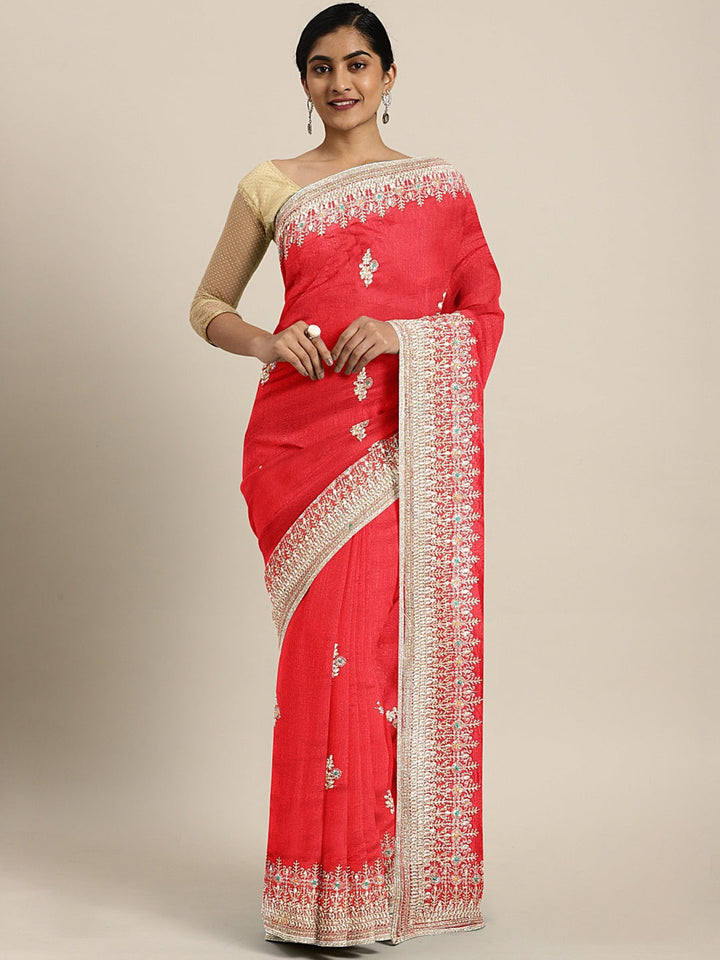 Neerus Red embellished saree with blouse piece - front view