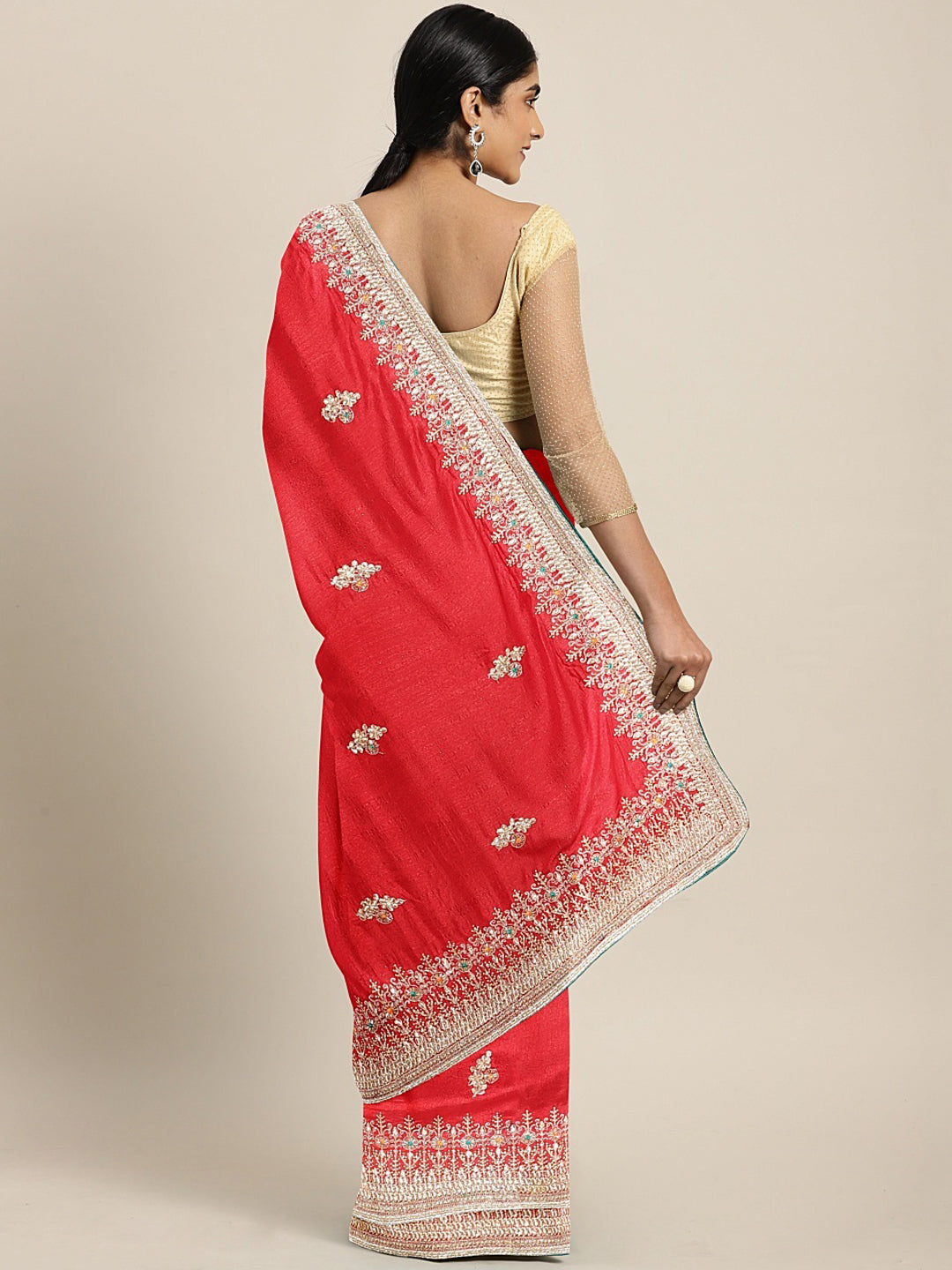 Neerus Red embellished saree with blouse piece - back view