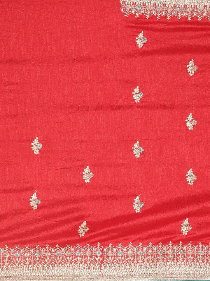 Neerus Red embellished saree with blouse piece - side view