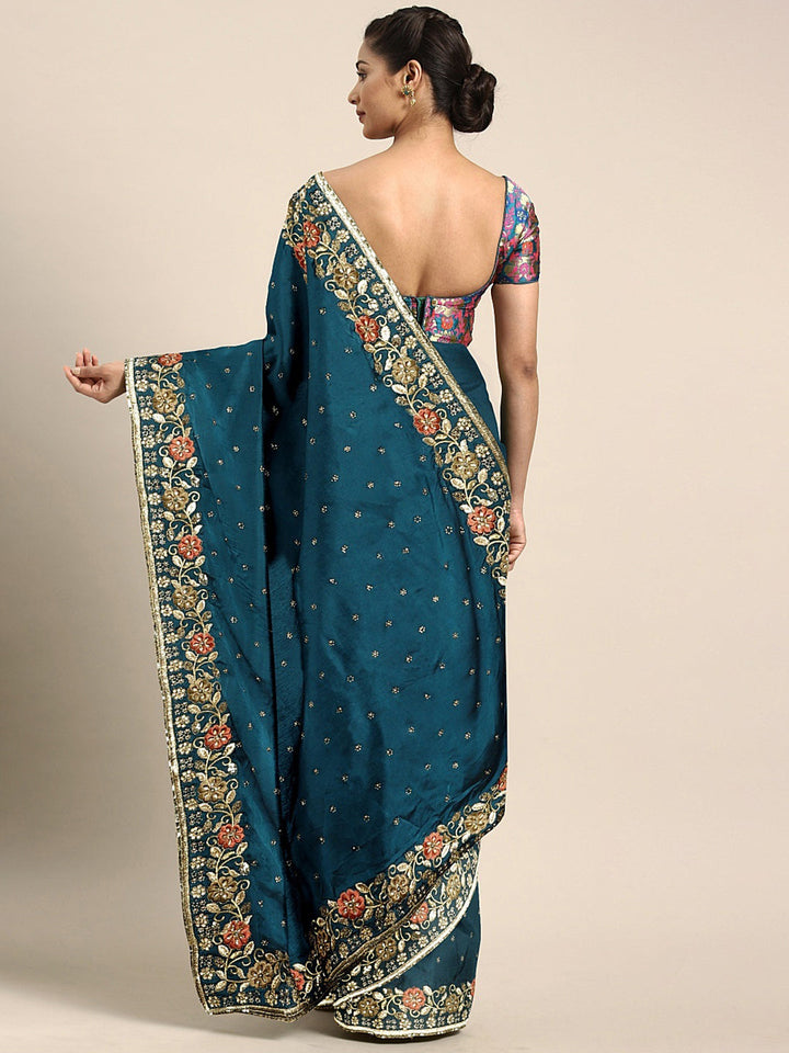 Neerus Blue crepe embellished saree - back view