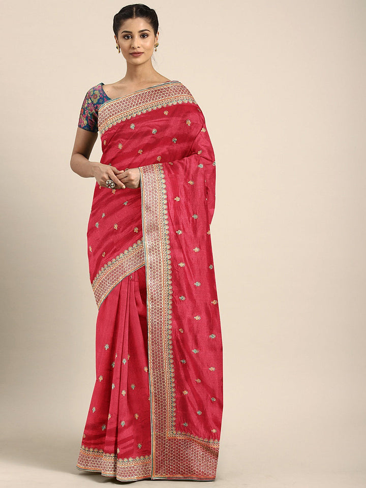 Neerus Red embroidered saree with blouse piece - front view