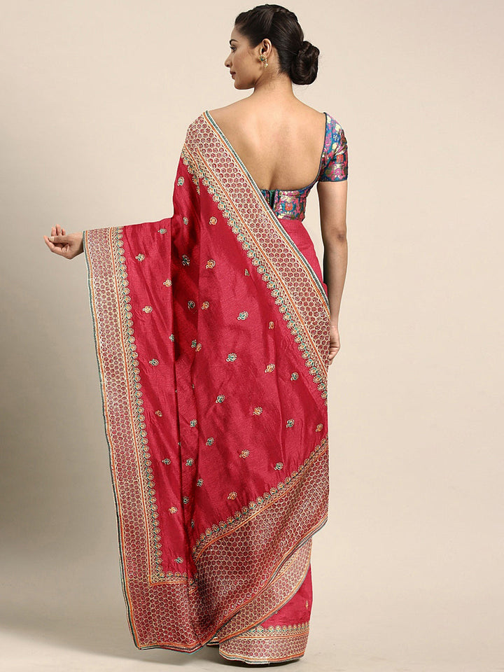 Neerus Red embroidered saree with blouse piece - back view