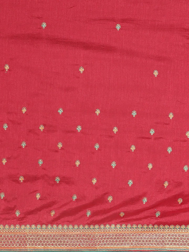 Neerus Red embroidered saree with blouse piece - side view