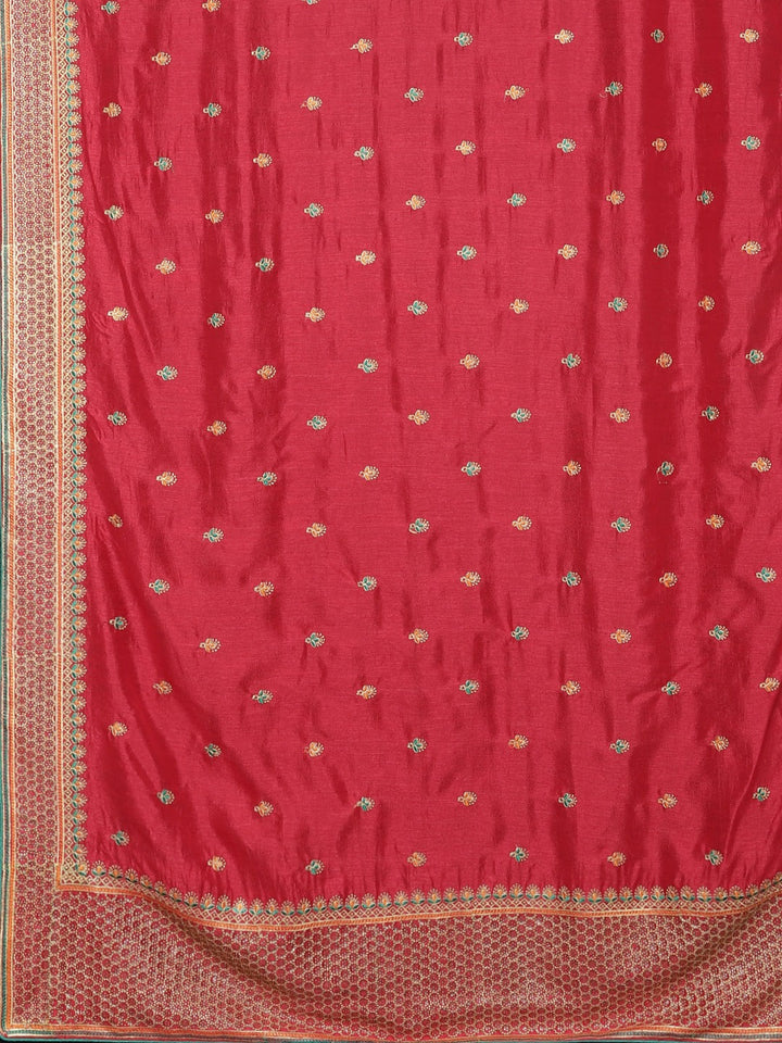 Neerus Red embroidered saree with blouse piece - detail view 1