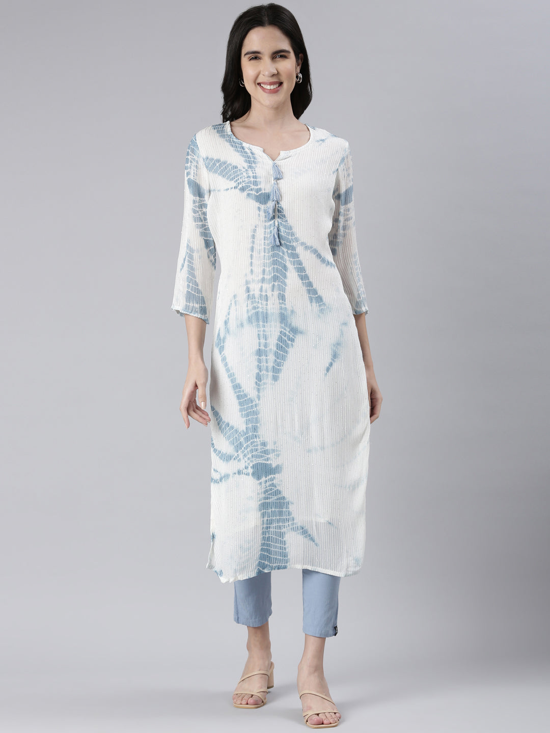 Neerus Blue cotton printed straight kurta - front view
