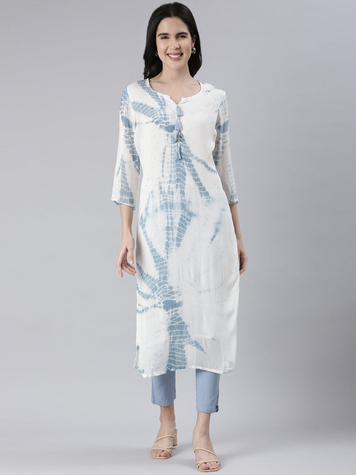 Neerus Blue cotton printed straight kurta - front view