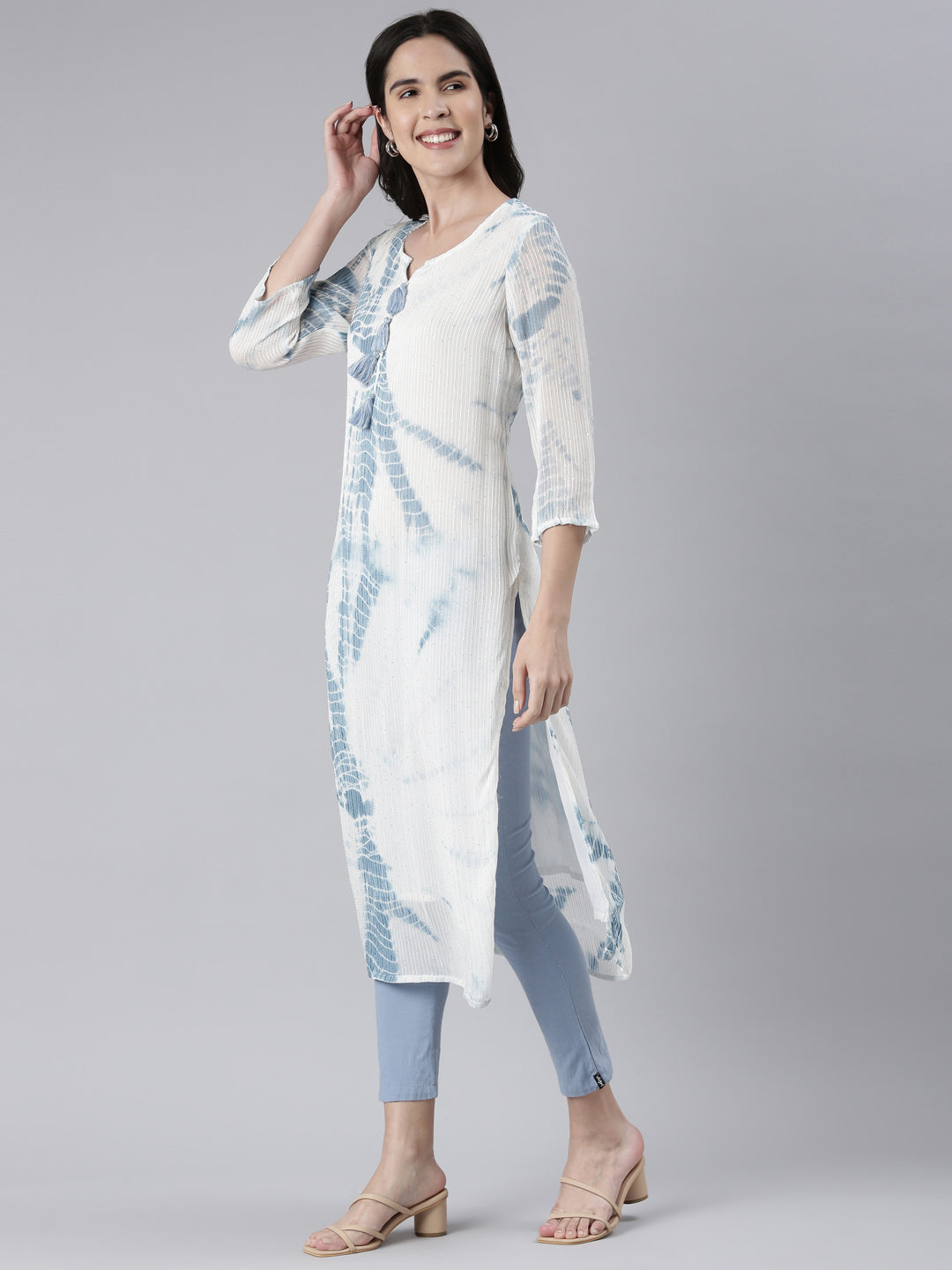 Neerus Blue cotton printed straight kurta - back view